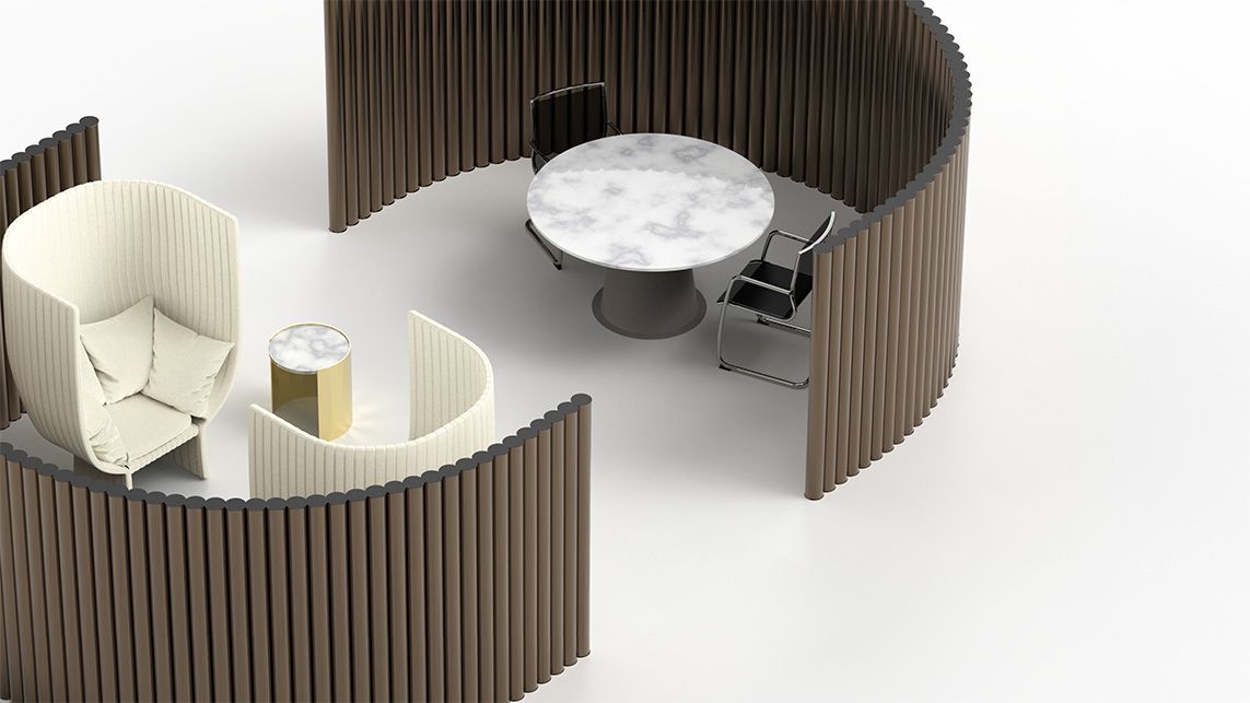 High-back armchair and Monforte partition arrangement forming a flexible meeting island in a modern coworking space