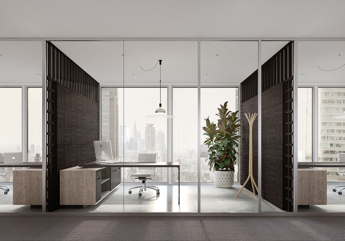 Interior office space featuring IOC Ultralight glass partition walls in the London Mayfair headquarters, creating transparent, flexible, and visually coherent work areas.