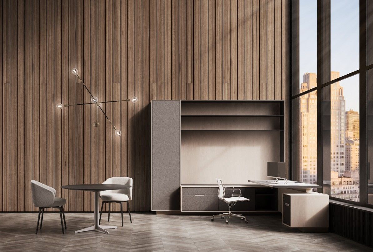 Brera 25 con piano elevabile in altezza, libreria freestanding e tavolo meeting