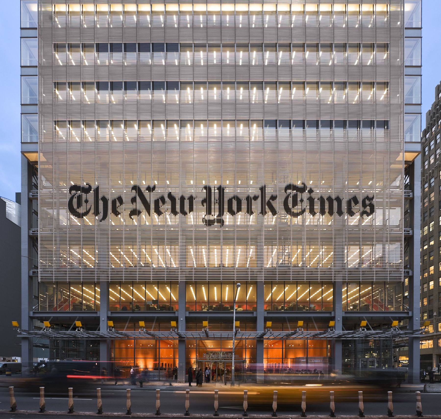 Exterior view of New York Times building, exterior design by Renzo Piano, interior design by Gensler
