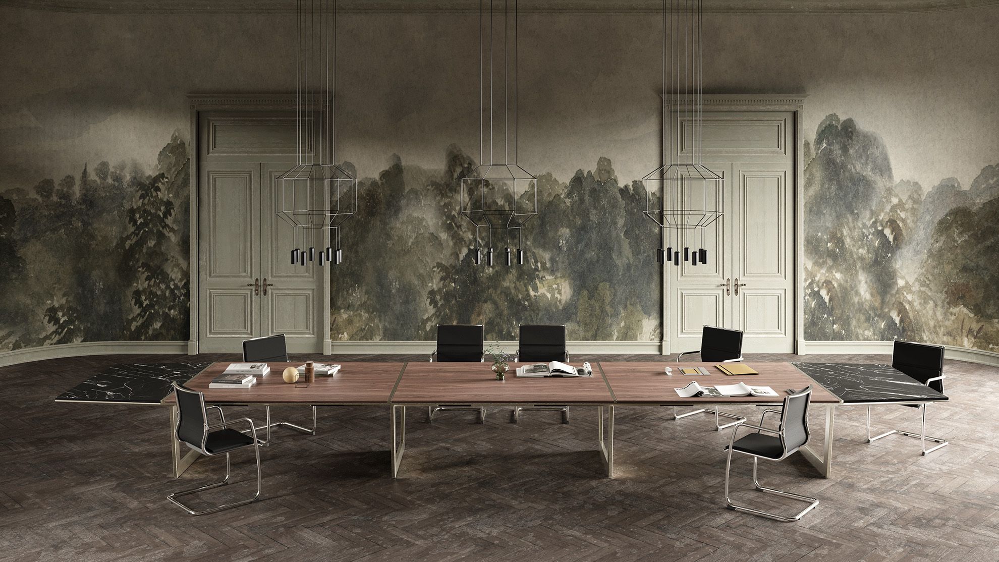 conference room table defining a hybrid space for formal meetings and collaborative teamwork.