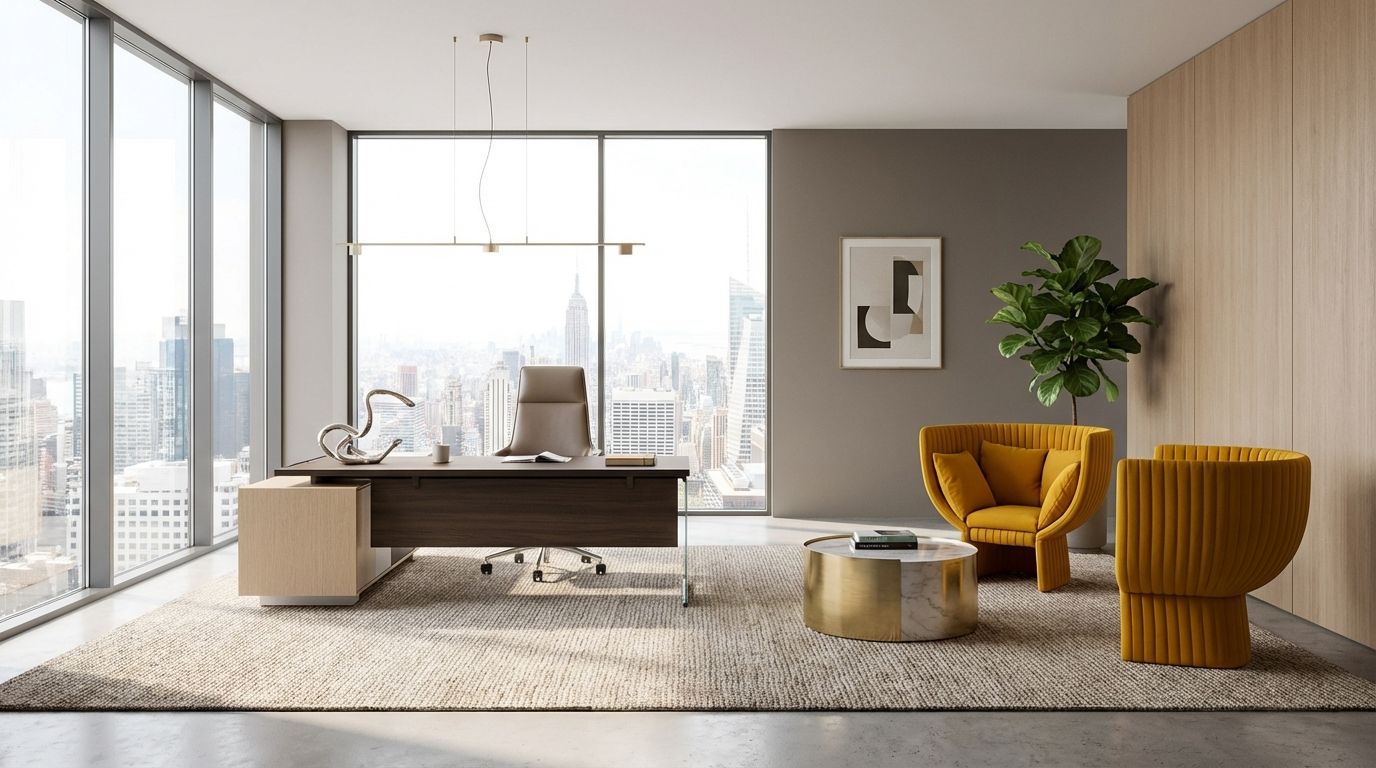 An innovative executive hub layout showcasing a minimalist modern executive desk integrated with versatile spaces to foster connection and professional creativity.