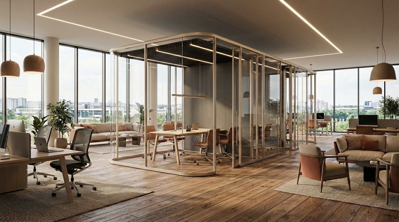 Ultralight office pod designed for privacy and focus, seamlessly embedded in a flexible and hybrid office environment.