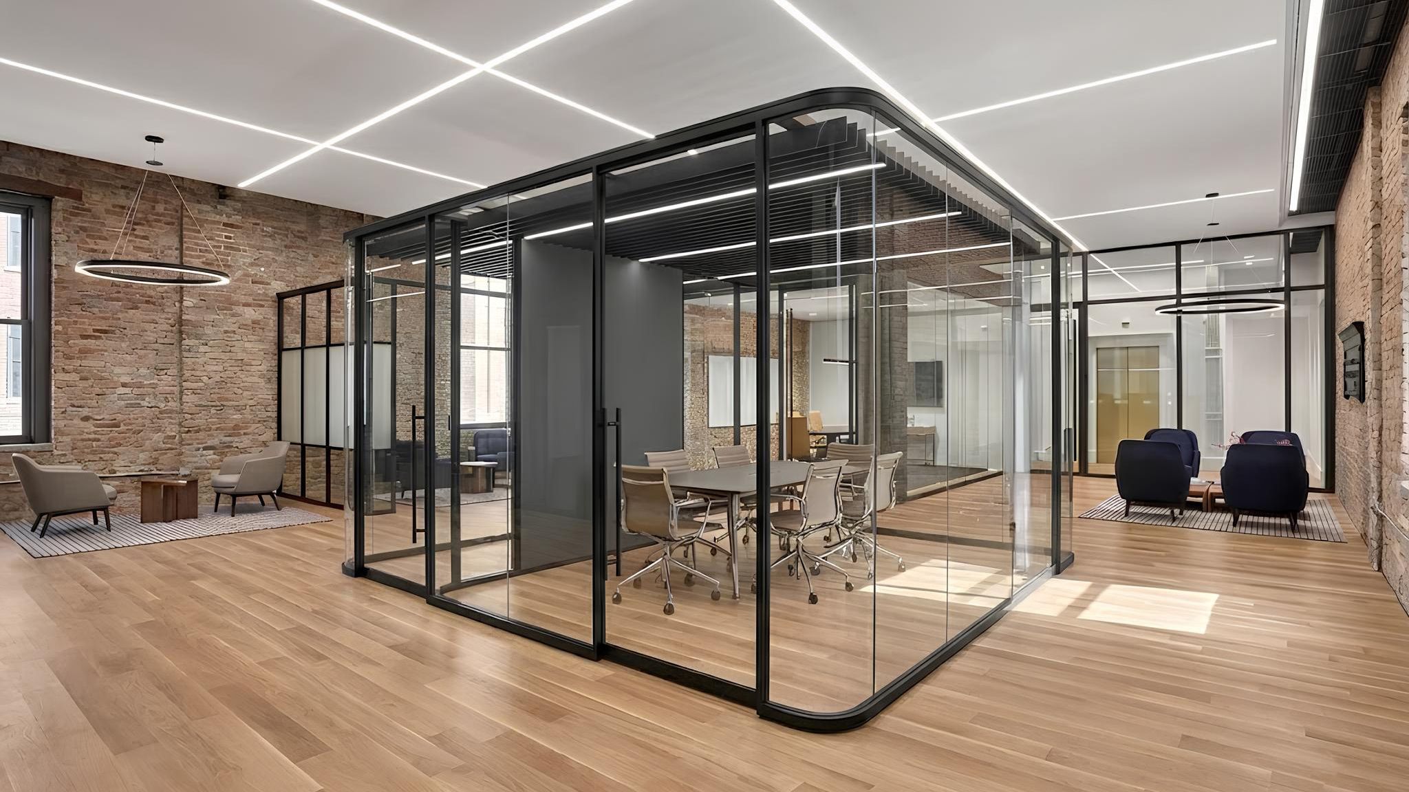 Interior view of a flexible soundproof office pod, demonstrating modular design, acoustic panels, and seamless integration with office layout.